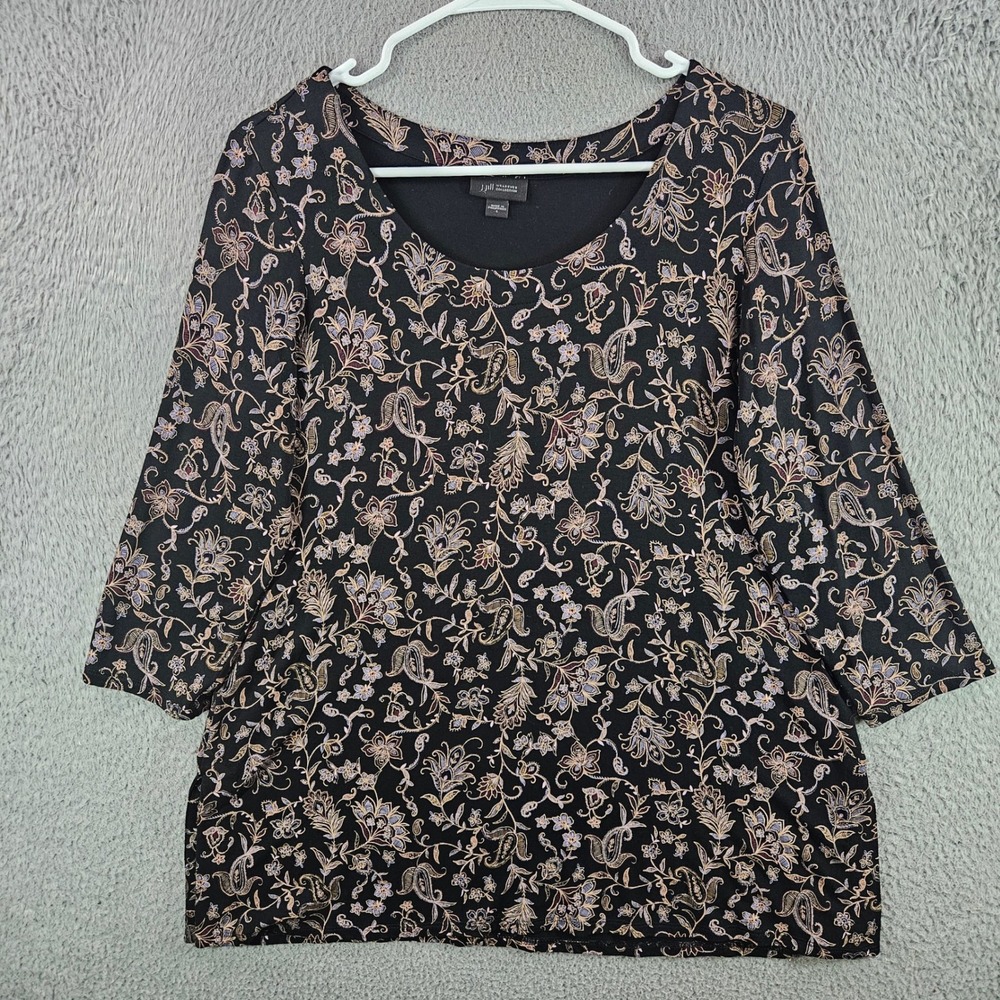J. Jill Wearever Collection Top Womens Small Black Floral Paisley 3/4 Sleeve